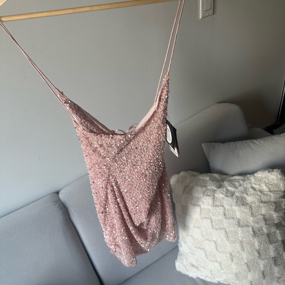 Retrofete Mich Mini Dress Cowl Neckline Sequins Spaghetti Straps Pink Size Large - Picture 3 of 12